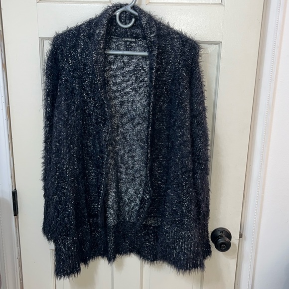 Express medium large M/L black fuzzy cozy cardigan sweater - Picture 1 of 6